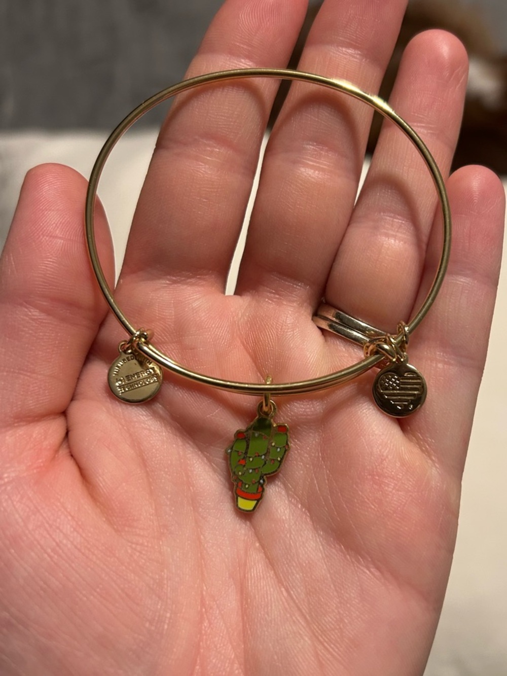 Gold-tone Alex and Ani Cactus Charm Bangle Bracelet - Green & Gold